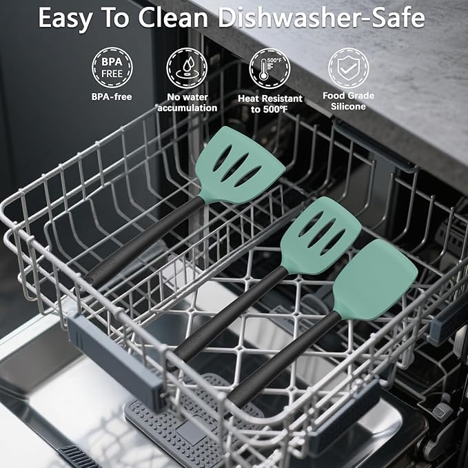 Coukre 3 Pack Silicone Spatula Set, High Heat Resistant, BPA-Free, Fish Spatula, Solid & Slotted Turner for Non-Stick Pans, Flipping Eggs, Pancakes, Fish, Burgers (3, AquaGreenBlack)