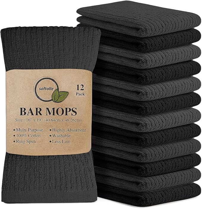 Softolle Cotton Bar Mop Towels, Pack of 12, 16x19 Inches, Super Absorbent, Multi-Purpose for Home, Kitchen and Bar Cleaning, Grey-Black