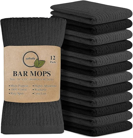 Softolle Cotton Bar Mop Towels, Pack of 12, 16x19 Inches, Super Absorbent, Multi-Purpose for Home, Kitchen and Bar Cleaning, Grey-Black
