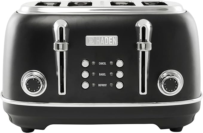 Haden Heritage 4 Slice Wide Slot Stainless Steel Toaster with Adjustable Browning Control & Non-Slip Feet, Black & Chrome
