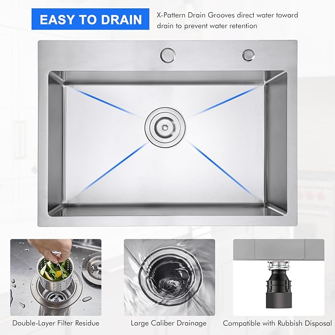 27 Inch Drop in Kitchen Sink - MENATT 18 Gauge Stainless Steel 2 Holes Single Bowl Topmount Kitchen Sink Basin Drop in with Drain Strainer & Grid, Brushed
