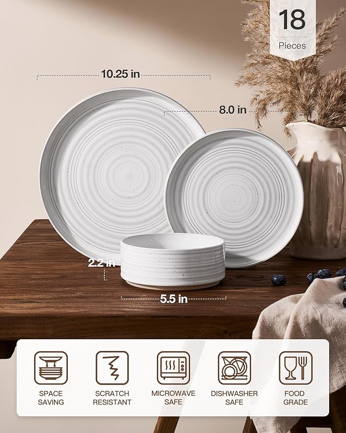 Stoneware Dinnerware Sets, Dish Set for 6, 18 Pieces Spiral Dishware Set with Straight Rim, Speckles & Reactive Glaze - Microwave and Dishwasher Safe Tableware, White