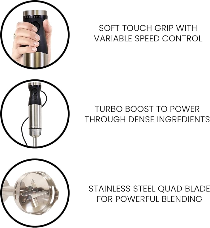 Kenmore Immersion Blender - Handheld Stick Mixer For Kitchen, Food Chopper, Whisk, Smoothie Milkshake Maker, Blend Baby Food, Protein Shake, Puree, Batidora De Inmersión Stainless Steel Blade, Black