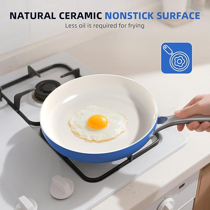 15 Pcs Pots and Pans Set Non Stick, Ceramic Cookware Set with Steamer, Non-Toxic Kitchen Cooking Set with Stay-Cool Ergonomic Handles, Oven & Dishwasher Safe, PFOS & PFOA Free (Cobalt Blue)