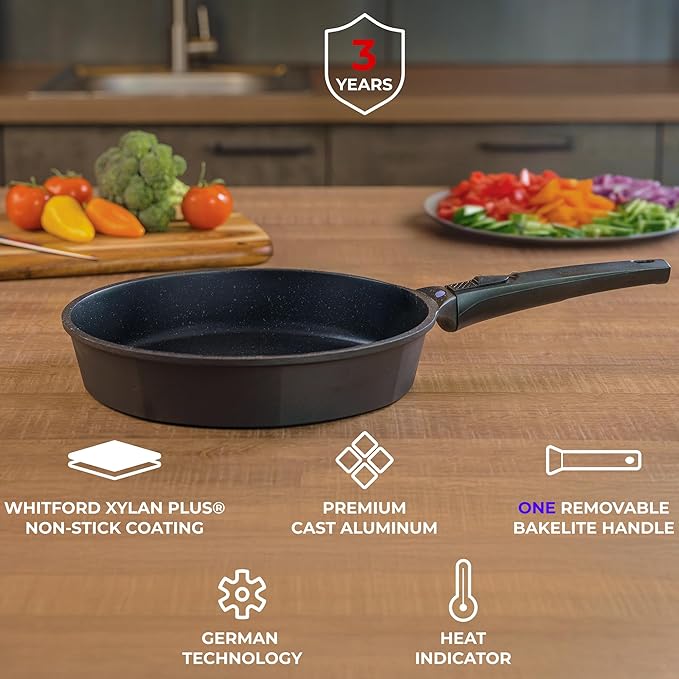 GIPFEL INTERNATIONAL 8, 10 and 12 Inch Nonstick Frying Pan Set of 3 - Cast Aluminum Pan with Detachable Handle - Non Stick Skillet Healthy Cooking Pans Induction Compatible Cookware, PFOA Free