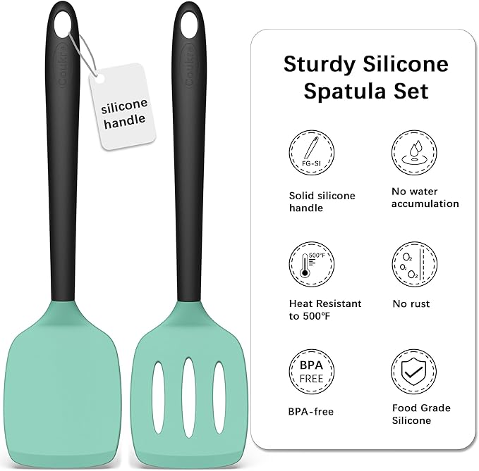 Coukre 2 Pack Silicone Spatula Set, High Heat Resistant, BPA Free Kitchen Spatula, Solid & Slotted Turner for Non-Stick Pans, Sautéing, and Flipping (2, AquaGreen)
