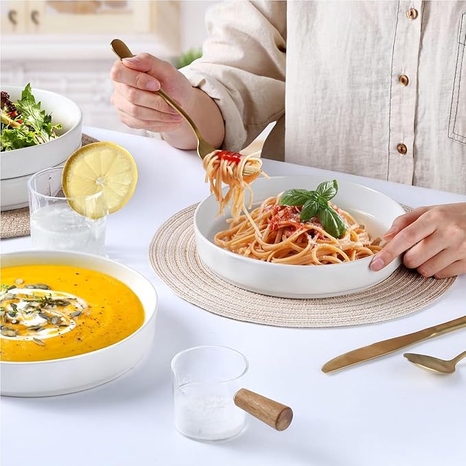 LIANYU Dinnerware Sets with Pasta Bowls for 4, 16 Piece Ceramic Dinner Plates and Bowls Dish Set, Kitchen Speckled Dining Tableware Dishware, Microwave & Dishwasher Safe, Polar White