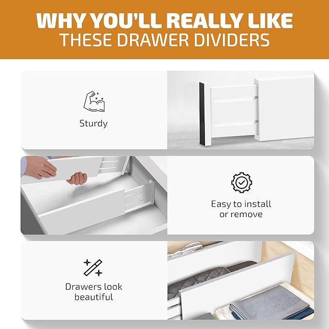 6 Pack Drawer Dividers 6 Inch High, 11”-17" Adjustable Bamboo Organizers Large Expandable Drawer Separators for Cloths, Dresser, Bedroom, Bathroom, Baby Drawer, Office & Kitchen Utensils (White)