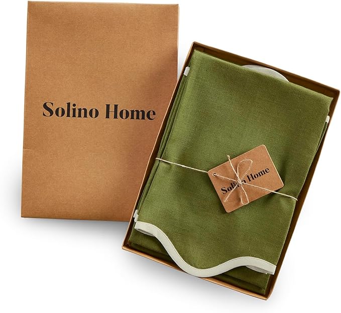 Solino Home Scallop Linen Napkins Set of 4-100% Pure Linen Ivory and Avocado Dinner Napkins Cloth 20 Inch for Fall, Thanksgiving, Christmas - Giselle Scallop Edge, Handcrafted and Machine Washable