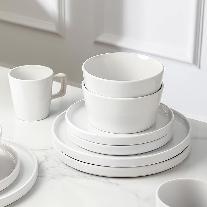 Stone Lain Celina Modern Stoneware 16-Piece Dinnerware Set, Plates and Bowls Set, White Glossy, Dish Set Service For 4