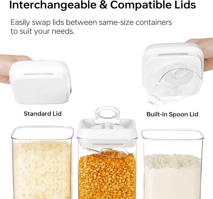 Felli Flip Tite Food Storage Container 5" LARGE 5pk Set + No Residue Label, Airtight Lid Easy Lock Top Stackable, Plastic Canister Jar for Pantry Kitchen Fridge Organizer Pasta Protein Powder Spice