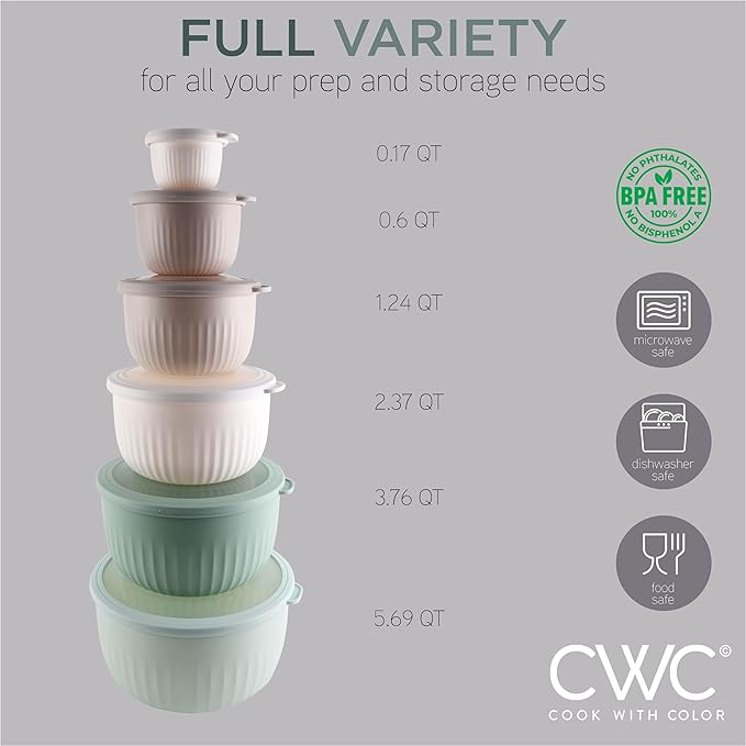 COOK WITH COLOR Prep Bowls with Lids- Wide and Deep Nesting Plastic Small Mixing Bowl Set with Lids, 12 Piece Set - Deep Bowls, Mint