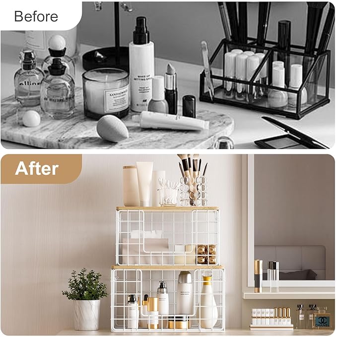 2 Pack Trash Bag Dispenser, Trash Bag Holder with Bamboo Top, Garbage Bag Dispenser, Storage Stackable for Kitchen Laundry Organizers Countertop Organization, White