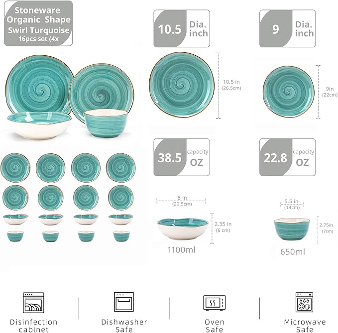 Highland 16-Piece Dinnerware Set Service for 4, Organic Shape Stoneware Plates and Bowls Set, Scratch Resistant, Microwave and Dishwasher Safe, Speckled Effect Handcrafted, Swirl Turquoise
