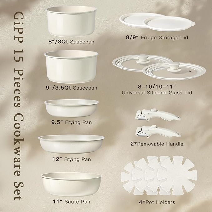 GiPP Ceramic Pots and Pans Set Non Stick, Nonstick Detachable Handle Cookware Sets, Healthy Non Toxic PFAS PFOA & PTFE Free, Dishwasher ＆Oven Safe, Induction Kitchen Pot and Pan, 15 Piece Cream