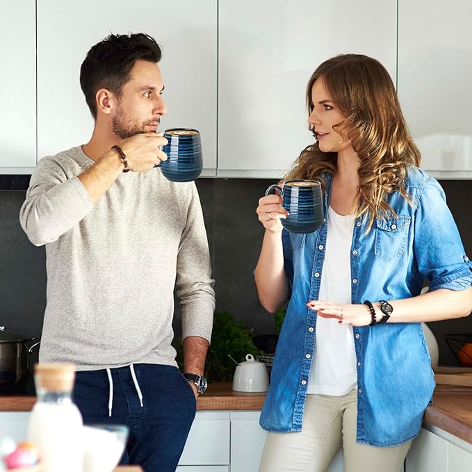 20 oz Stoneware Coffee Mugs, Large Ceramic Coffee Cups Set of 2 for Tea Soup Cereal Cocoa, Pottery Mugs for Office and Home, Unique Latte Cups for Men/Women Gift, Blue