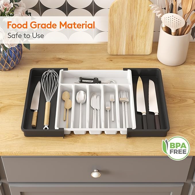 Lifewit Silverware Drawer Organizer, Expandable Utensil Tray for Kitchen, BPA Free Flatware and Cutlery Holder, Adjustable Plastic Storage for Spoons Forks Knives, Large, White&Black