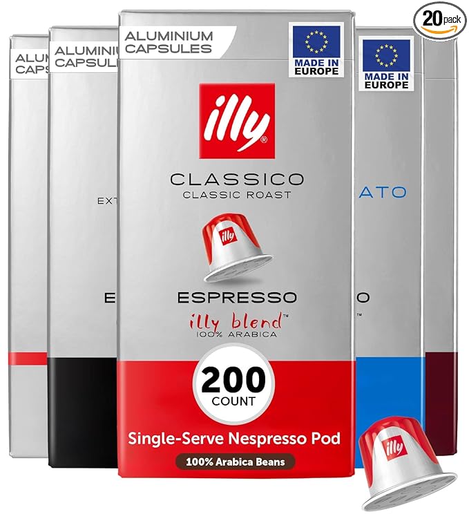 illy Aluminum Espresso Pods - Compatible with Nespresso Machines - Single Serve Coffee Capsules, Classico, Forte, Intenso, Decaf, Classico Lungo Roasts - Variety - 10 Count (Pack of 20)
