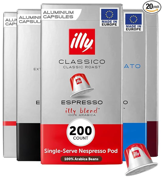 illy Aluminum Espresso Pods - Compatible with Nespresso Machines - Single Serve Coffee Capsules, Classico, Forte, Intenso, Decaf, Classico Lungo Roasts - Variety - 10 Count (Pack of 20)