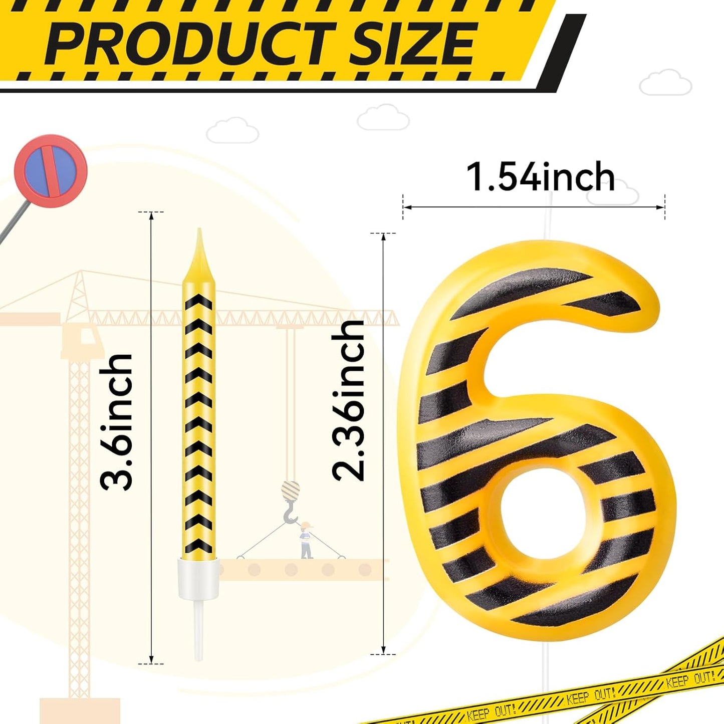 13 Pcs Construction Themed Birthday Candles Set Yellow and Black Number 6 Candle Cake Topper for Construction Party Decoration Supplies (Number 6)