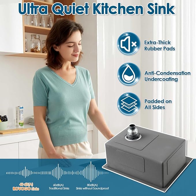 ROVOGO 22x18x9 in. Drop-in Kitchen Sink Single Bowl with 1 Faucet Hole, 304 Stainless Steel Handmade Modern Sink Top Mount with Bottom Grid and Offset Drain, Brushed