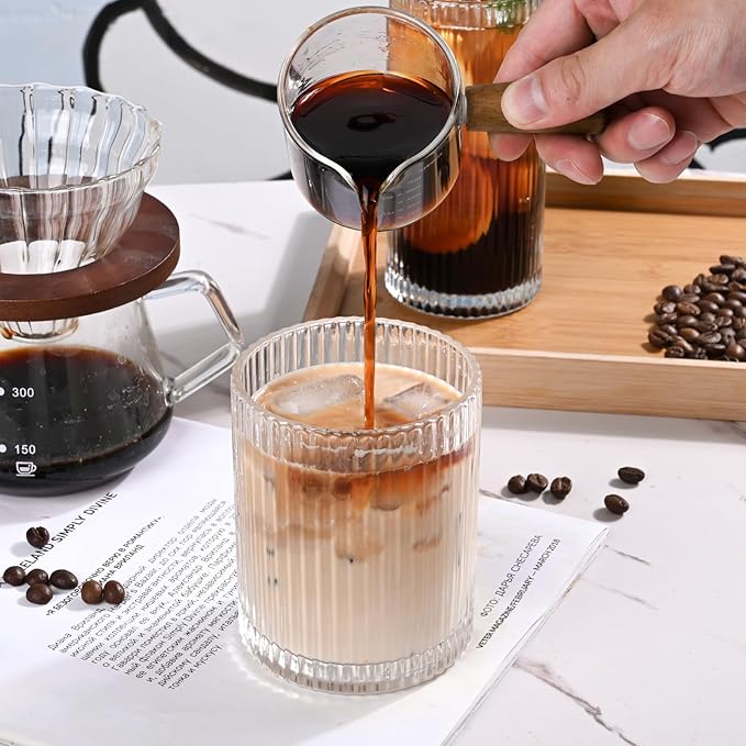 Set of 8 Vintage Ribbed Glassware,4 Highball Glasses 12 oz,4 Rocks Drinking Glasses 14 oz,Ribbed Cocktail Glass Cup,Used for Whiskey,Ice Coffee Cup,Juice,Smoothies,Mixed Drinkware