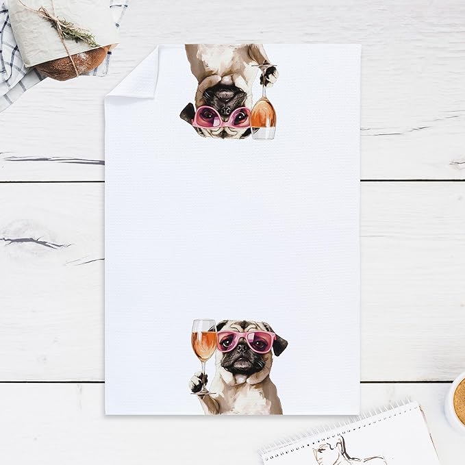Cabana Bro Funny Wine Pug Kitchen Towels, Pug Lover Gifts Dish Tea Hand Towels for Kitchen Bar Cart Decor, Gifts for Wine Lovers, Bar Towel for Bartender, 16x24 Inches