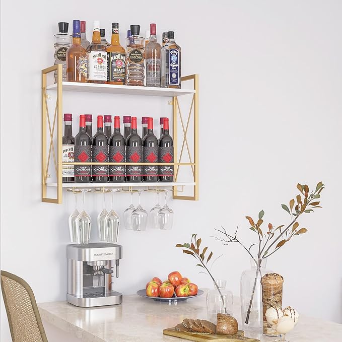 Dokser Wine Rack Wall Mounted 2 Tier Shelf, Wall Wine Rack with Industrial Iron & Rustic Wood Frame Wine Bottle Holder for Kitchen, Dining Room, Home Bar Decor (Gold)