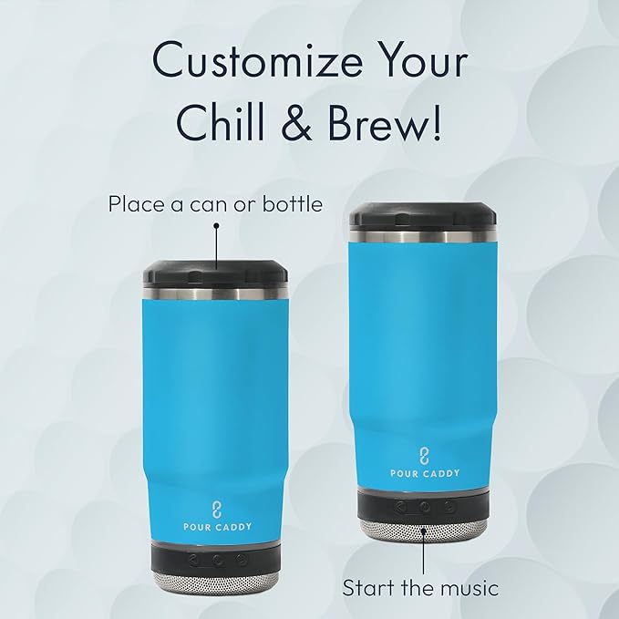 Chill & Brew, Insulated Can & Bottle Holder, Bluetooth Cup with Speaker, Fits 12 oz Cans, Skinny Cans, Most Bottles & Cold Drinks, Water Blue