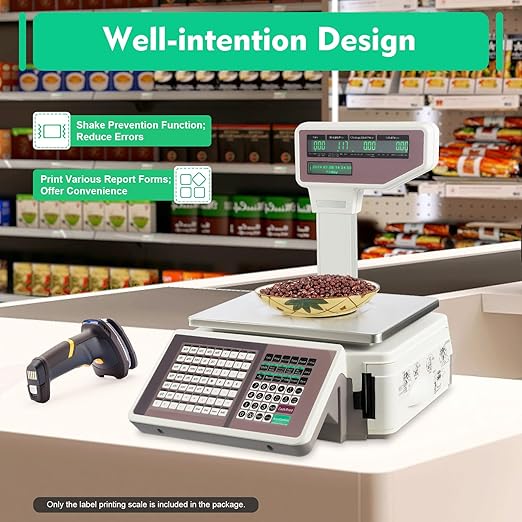 Label Printing Scale with Dual TD Thermal Label & Receipt Printer, 110-220V Electronic Price Computing Scale Pole Display, 66LBS Commercial Barcode Scale for Retail Outlet Store Food Meat Shop