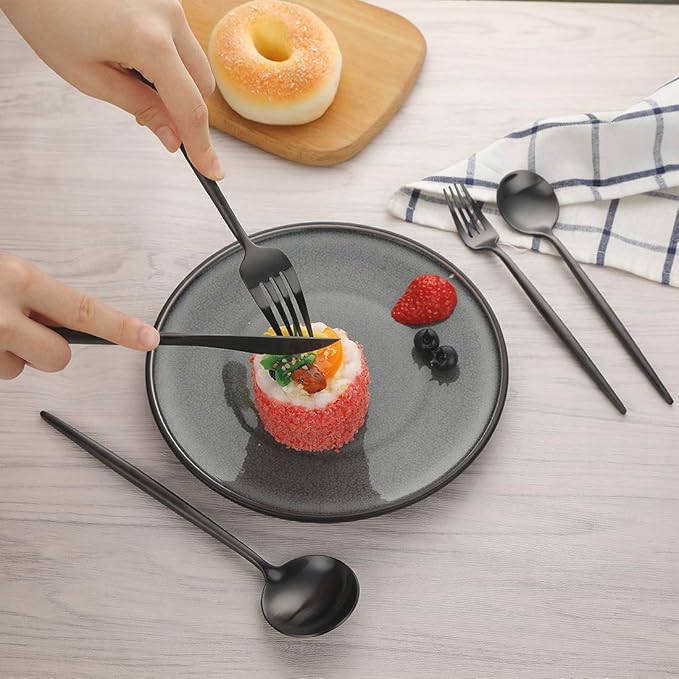 Devico Matte Silverware Set, 20-Piece 18/10 Stainless Steel Flatware Cutlery Utensils Tableware Set Service for 4, Satin Finish, Dishwasher Safe (4 sets, Black)