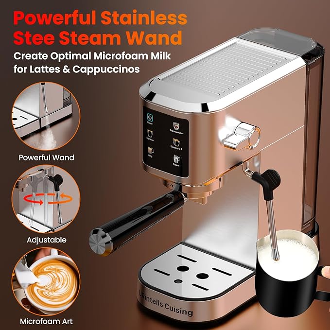 Espresso Machine 20 Bar,Touchscreen Espresso Maker with Steam Milk Frother, Stainless Steel Expresso Coffee Machine for Home with Removable Water Tank for Cappuccino Latte,Cold Brew,Long Coffee