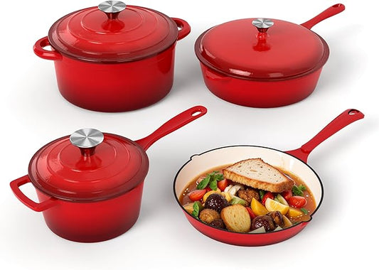 DishDelight Enameled Cast Iron Cookware Set, 7 Piece Set of Dutch Ovens, Sauce Pan, Skillet, 3 Lids, Ceramic Coated Cast Iron Dutch Oven Set, Pots and Pans Set Nonstick, Red