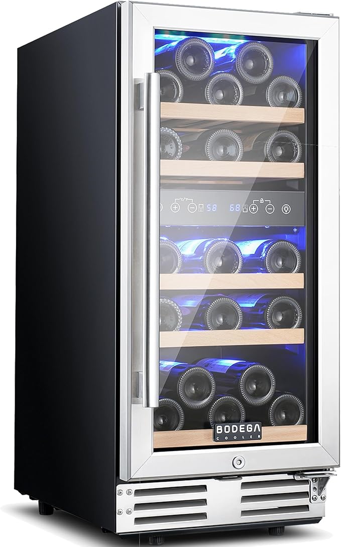 BODEGA 15 Inch Wine Cooler Under Counter, 30 Bottles Dual Zone Wine Fridge, with Double-Layer Glass Door, Temperature Memory and Digital Temperature Control, Built-in or Freestanding