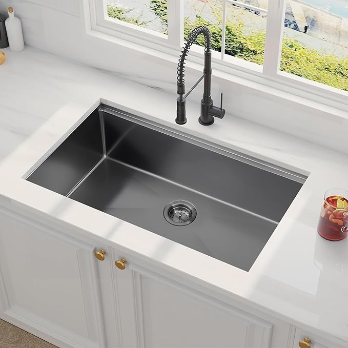 30 inch Black Undermount Kitchen Sink, Stainless Steel Undermount Workstation Sink 16 Gauge Handmade Single Bowl Kitchen Sinks R10 Round Corner with Ledge and Accessories (Pack of 5)