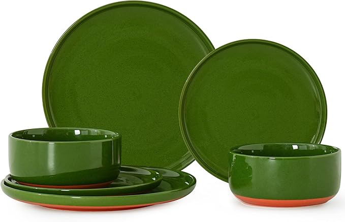 6 Piece Ceramic Dinnerware Set for 2, Modern Minimalist Stoneware Dinner Plates and Bowls, Microwave Safe, Dishwasher Safe, Versatile for All Seasons, Forest Glaze Green
