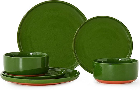 6 Piece Ceramic Dinnerware Set for 2, Modern Minimalist Stoneware Dinner Plates and Bowls, Microwave Safe, Dishwasher Safe, Versatile for All Seasons, Forest Glaze Green