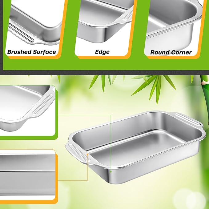2 Pcs Stainless Steel Cake Pan 15 x 10 Inch Baking Pan with Handle Rectangle Baking Bakeware for Fish Cakes Breads Casseroles Vegetables Dishwasher Safe