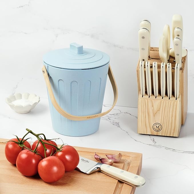 Martha Stewart Indoor Compost Bin | Countertop Composting Bucket for Kitchen | .7 Gallon Capacity | Includes Filter | Plant Based Materials | Light Blue