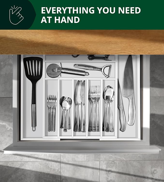 ROYAL CRAFT WOOD Luxury Bamboo Kitchen Drawer Organizer - Silverware Organizer - Utensil Holder and Cutlery Tray with Grooved Drawer Dividers for Flatware and Kitchen Utensils (9 Slot, White)