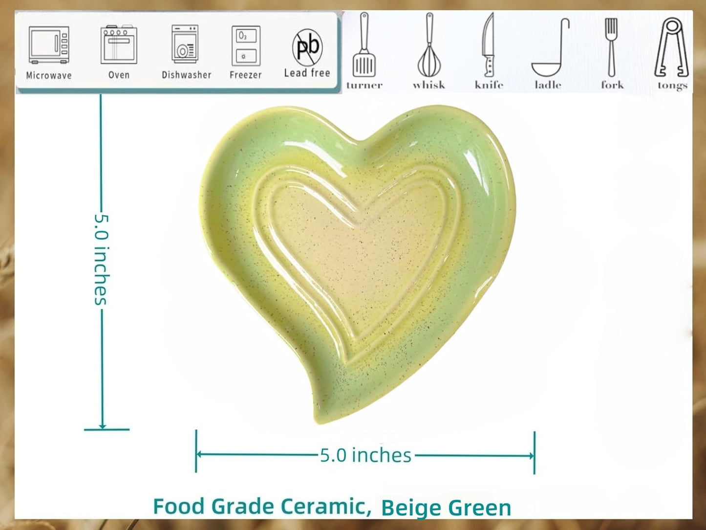 Ceramic Spoon Rest for Stove Top, Heart Cute Spoon Rest for Kitchen Counter, Cooking Spoon Holder for Kitchen Counter, Utensil Rest Spatula Rest Ladle Holder Tong Rest (Yellow Green)