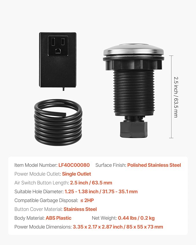 VEVOR Garbage Disposal Air Switch Kit, 2.5" Sink Top Air Switch for Food Waste Disposal, Polished Stainless Steel ON/OFF Air Push Button for Waste Disposer - Suitable for Stainless Steel Countertops