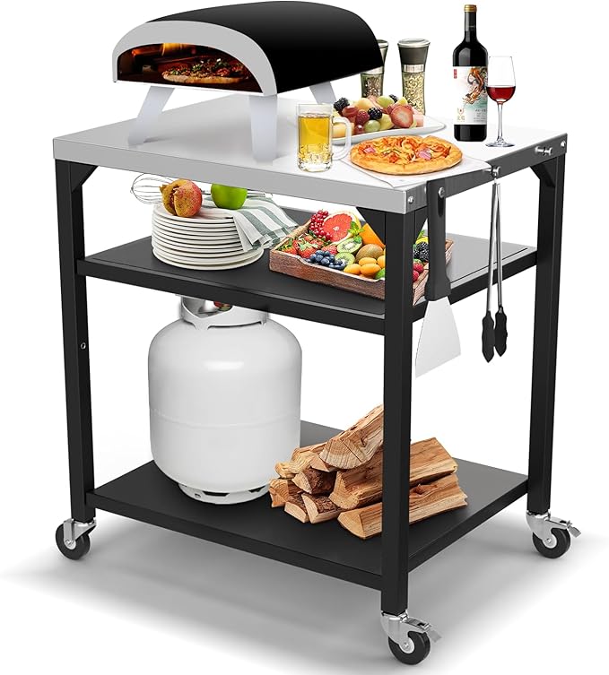 Pizza Oven Table for Ooni, Ninja, Woodfire, Blackstone, Bighorn, Cuisinart, Outdoor Grill Table for Ooni Pizza Oven Accessories, Movable Pizza Oven Stand as Food Prep Cart