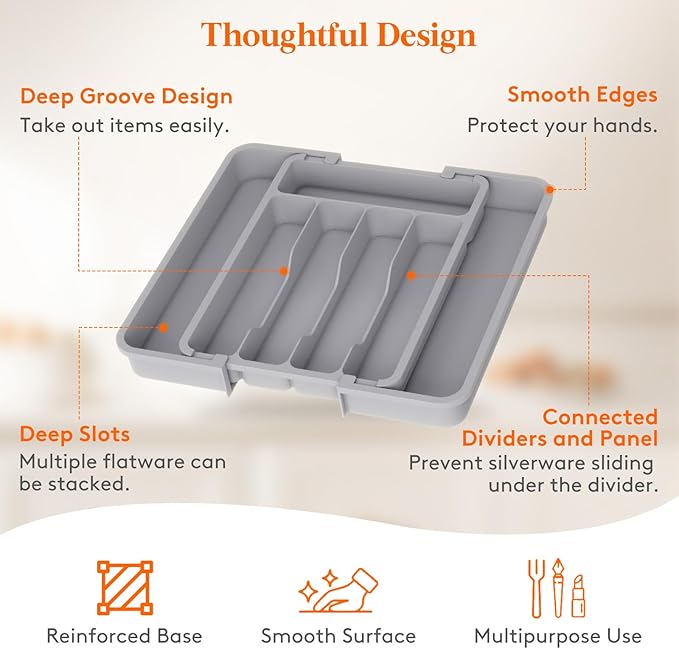 Lifewit Silverware Drawer Organizer, Expandable BPA Free Utensil Tray for Kitchen, Adjustable Flatware and Cutlery Holder for Spoons Forks Knives, Plastic Kitchen Organizers and Storage, Gray