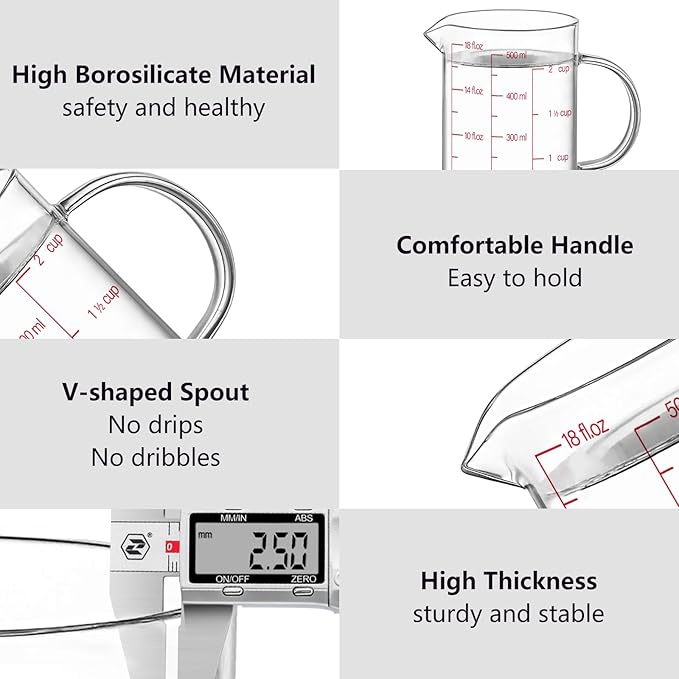 Luvan 18OZ/500ML Glass Measuring Cup, 2 Cup Glass Measuring Cups With 3 Scales (Ml/Oz/Cup), High Borosilicate Measuring Cup With Handle and V-Shaped Spout, Dishwasher/Freezer/Microwave Safe