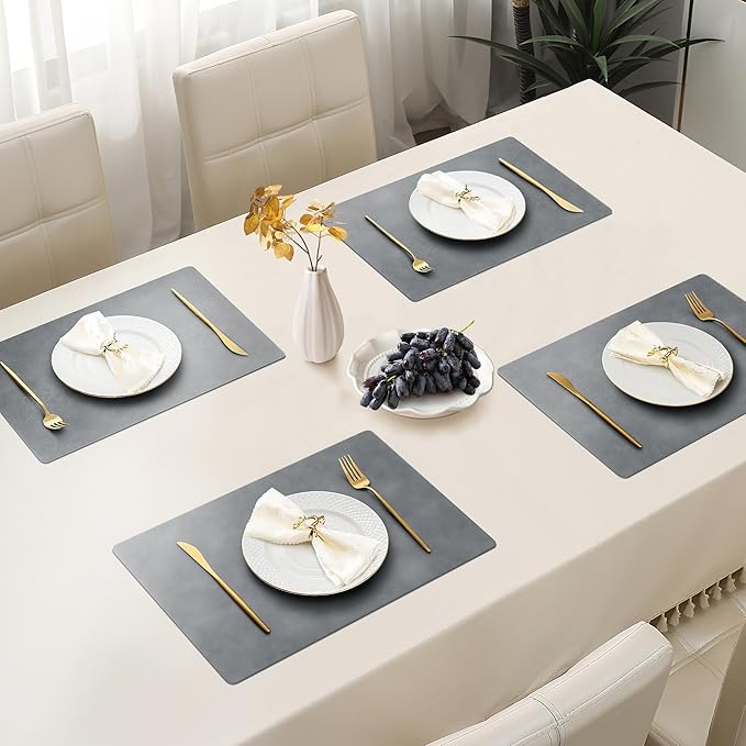 Roxifina Faux Leather Placemats Set of 4 - Vinyl Placemats Wipeable Waterproof Oil-Proof PU Place Mats Heat Resistant Reversible Table Mats for Dining, Kitchen, Outdoor, 12 x 17 Inch (Gray)