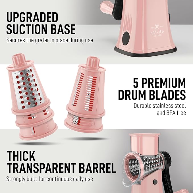 Zulay Kitchen Rotary Cheese Grater 5 Blade Cheese Shredder - Manual Hand Crank Cheese Grater With Reinforced Suction & 5 Interchangeable Drums - Easy to Use, Vegetable Chopper Round Mandoline Slicer