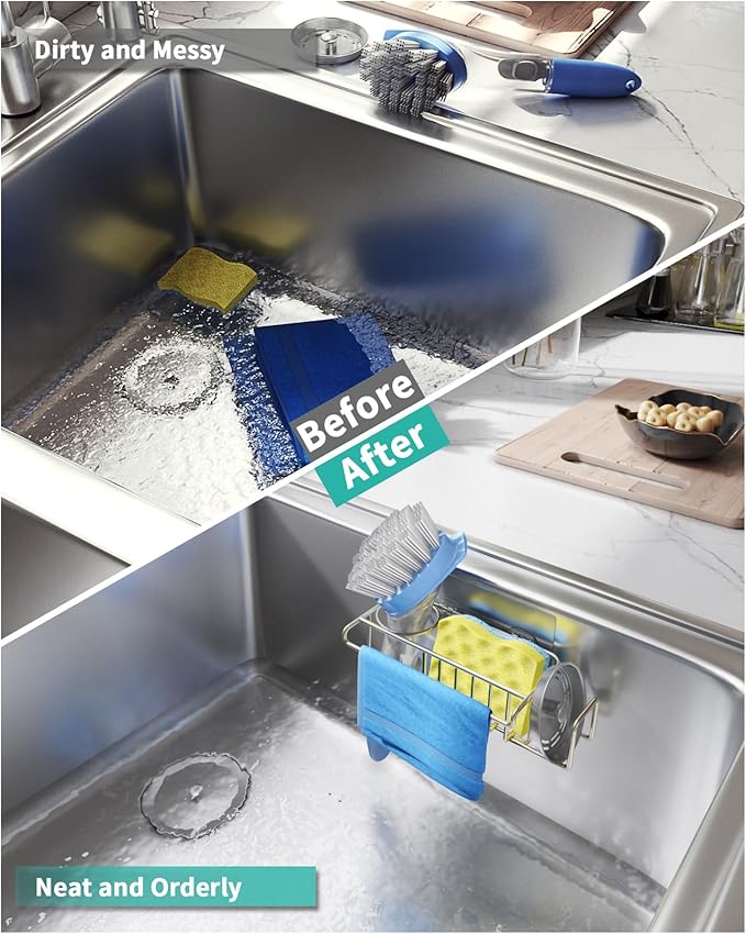HapiRm Sink Caddy Sponge Holder - No Drill Sponge Holder for Kitchen Sink, Rustproof and Waterproof Kitchen Organizer - Brushed Nickel