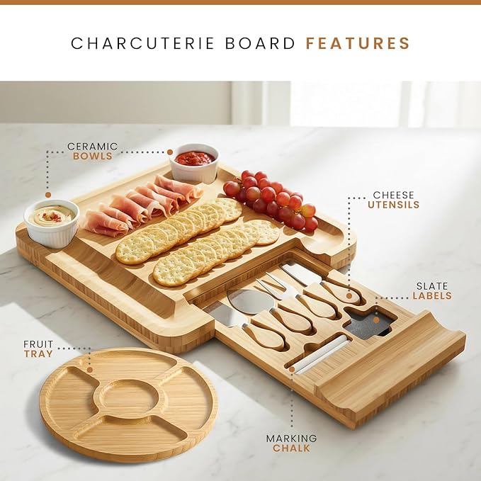 Leaf & Grain Charcuterie Board Set with Accessories Drawer - Real Bamboo Cheese Board & Stainless Steel Knife Set, Large Meat & Cheese Platter for Parties & Gifts - Natural