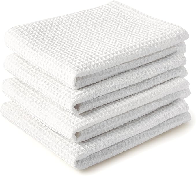 Encasa XO Kitchen Dish Towels Set | White | Waffle Weave and Flat Hand Tea Towel | 28"x18" | Quick Drying Reusable Cotton Washcloths | Multipurpose Lightweight Dishcloths Set of 4